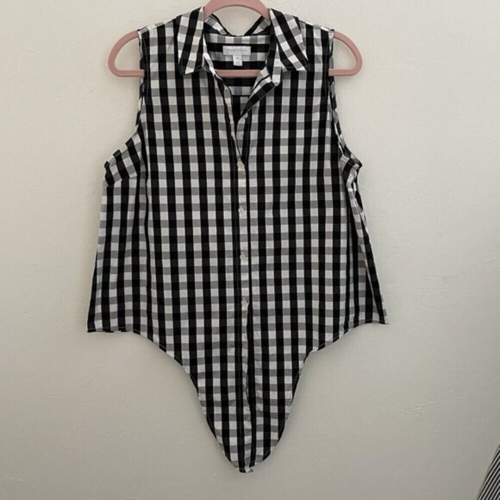 Charter Club Women's Petite Cotton Shirt 14P Black White Gingham Check Tie Front